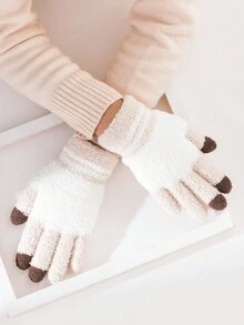 1 双女士冬季手套，手指手套，保暖防风，适合户外、骑行、卡其色 - 卡其色 - 查看 2