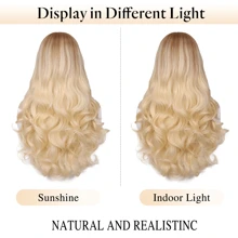 28英寸长波浪金色假发，深色发根，自然逼真的合成长发，中分，耐热，适合日常佩戴和派对场合 - 金色 - 查看 9