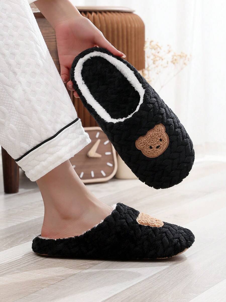 1 双女士软底舒适可爱熊拖鞋，轻便室内毛绒拖鞋，优雅学院风格，适合秋冬季 - 黑色 - 查看 1