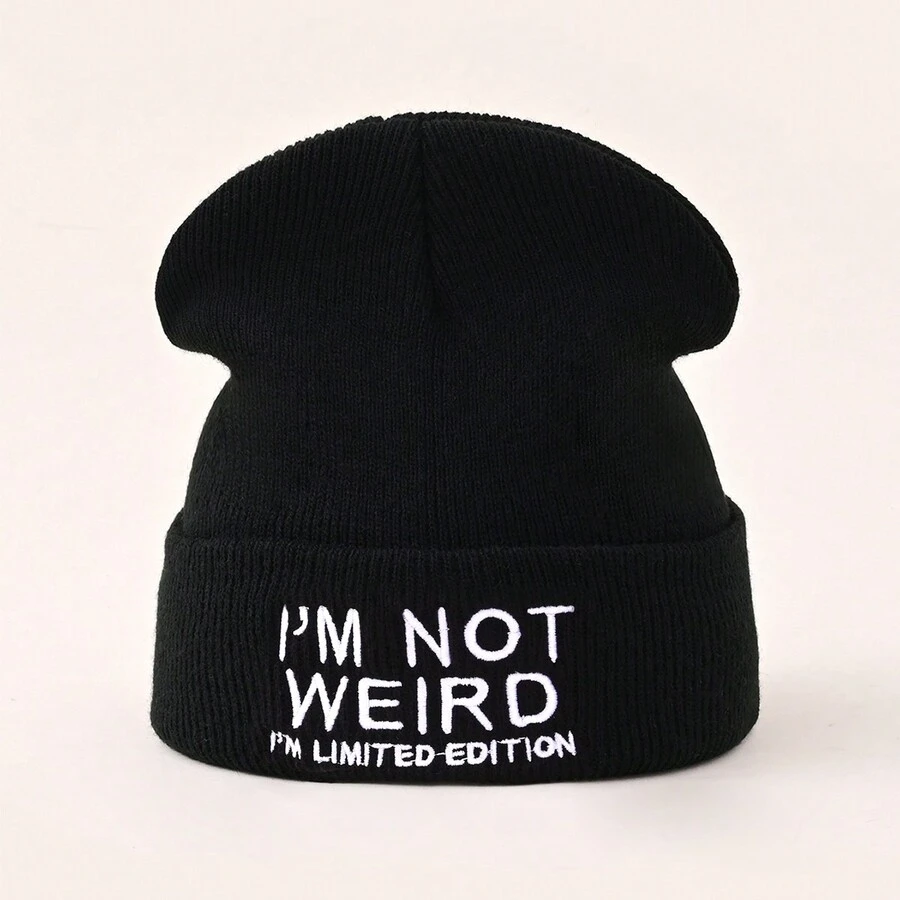 1頂y2k風格哥特字母i'm Not Weird針織帽。保暖時尚的嘻哈風毛線帽,男女適用。適合戶外、騎自行車、旅行和滑雪。 - 黑色 - 查看 1