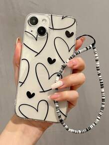 With Phone Charm 1pc Lovely Black Heart Patterned Tpu Phone Case With Hanging Rope, Shockproof & Transparent, Compatible With Huawei/Samsung/Iphone - Multicolor - View 1