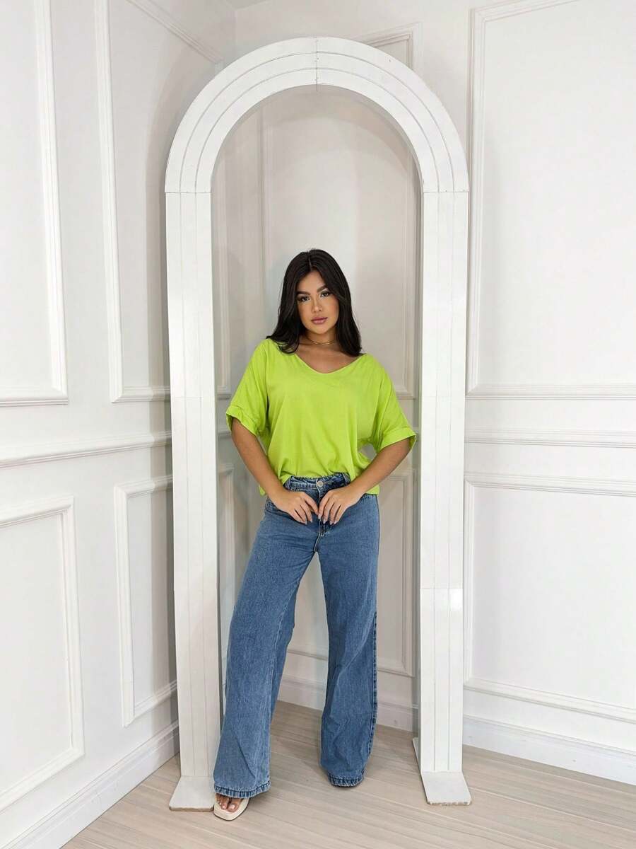 Women's Loose Blouse 3/4 Sleeve V-Neck Basic Casual Top - 青檸色 - 查看 1