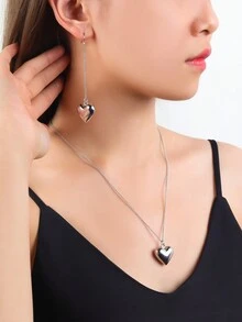 歐美時尚風格,簡約百搭,復古幾何設計,性感個性心型項鍊,鎖骨鏈,毛衣鏈,心型流蘇穿線耳環,項鍊和耳環套裝 - 金色 - 查看 2