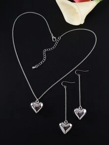 歐美時尚風格,簡約百搭,復古幾何設計,性感個性心型項鍊,鎖骨鏈,毛衣鏈,心型流蘇穿線耳環,項鍊和耳環套裝 - 金色 - 查看 3