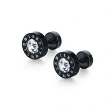 1 Pair Punk Style Black Titanium Steel Ear Studs, Roman Numeral Hip Hop Street Fashion Earrings For Daily Wear