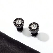 1 Pair Punk Style Black Titanium Steel Ear Studs, Roman Numeral Hip Hop Street Fashion Earrings For Daily Wear