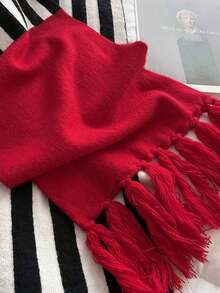 1件女款仿羊絨2023全新針織條紋拼接簡約時尚百搭披肩搭配加厚保暖圍巾適合日常使用 - 紅色 - 查看 7