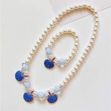 兒童假珍珠項鍊和手鐲套裝，女孩貝殼項鍊，假珍珠舞蹈表演飾品，禮物 - 藍色 - 查看 7