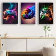 3Pcs Canvas Poster,Modern Art, Street Style Graffiti Color Red And Blue Earphones Pop And Color Electronic Game Controller Art, Ideal Gift For Bedroom Living Room Corridor, Wall Art,Wall Decor, Room Decoration No Frame Gifts Birthday Graduation