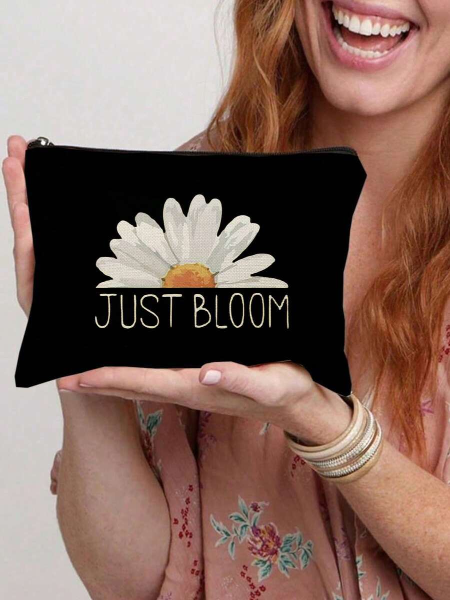 綻放的雛菊拉鍊印花袋,可折疊,大容量,非常輕便,適合化妝品收納袋、文具、鑰匙、衛生巾等存儲,適用於女士和男士的個人旅行和商務旅行收納,適合重返校園的大學生 - 黑色 - 查看 1