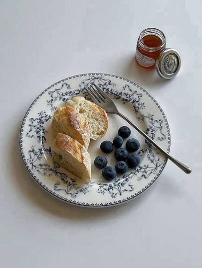 1 st blommig keramisk rund tallrik/1 st blommönster serveringssked, fransk vintage blommig blå desserttallrik, retro mattallrik för pasta, frukost, frukt, soppa, lämplig för restaurang, vardagsrum, hem