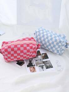 毛絨格紋收納袋 - 紅色 - 查看 1