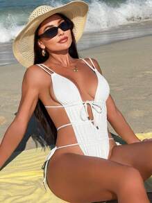 Swmmer Liket Women's Solid Color Strap Lace Up Sexy One-Piece Swimsuit Summer - trắng - Xem 3