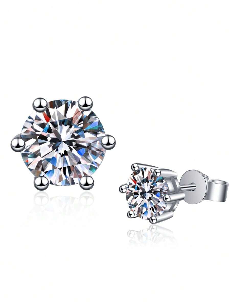 迷人的圓形人造碳化鎵純銀耳釘,女士送禮、婚禮、訂婚和新娘珠寶用品 - 3克拉+3克拉 - 查看 1