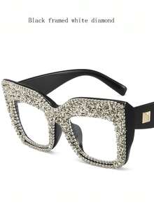 1 件装欧美派对风格大框眼镜架个性水钻装饰无度数眼镜明星饰品 - 無色 - 查看 7