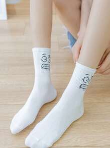 5 paires de chaussettes mi-mollet mignonnes, à motifs d'expressions de dessins animés, simples, décontractées, confortables et respirantes pour les couples, pour l'automne et l'hiver - Blanc - Voir 11