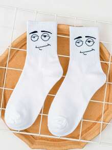 5 paires de chaussettes mi-mollet mignonnes, à motifs d'expressions de dessins animés, simples, décontractées, confortables et respirantes pour les couples, pour l'automne et l'hiver - Blanc - Voir 6