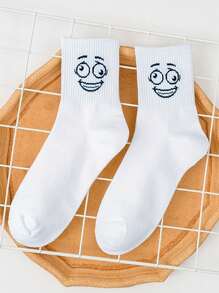 5 paires de chaussettes mi-mollet mignonnes, à motifs d'expressions de dessins animés, simples, décontractées, confortables et respirantes pour les couples, pour l'automne et l'hiver - Blanc - Voir 9