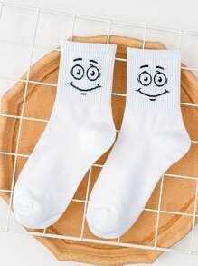 5 paires de chaussettes mi-mollet mignonnes, à motifs d'expressions de dessins animés, simples, décontractées, confortables et respirantes pour les couples, pour l'automne et l'hiver - Blanc - Voir 7