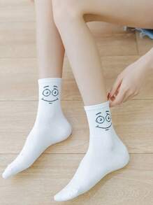5 paires de chaussettes mi-mollet mignonnes, à motifs d'expressions de dessins animés, simples, décontractées, confortables et respirantes pour les couples, pour l'automne et l'hiver - Blanc - Voir 10