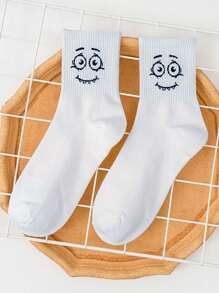 5 paires de chaussettes mi-mollet mignonnes, à motifs d'expressions de dessins animés, simples, décontractées, confortables et respirantes pour les couples, pour l'automne et l'hiver - Blanc - Voir 5