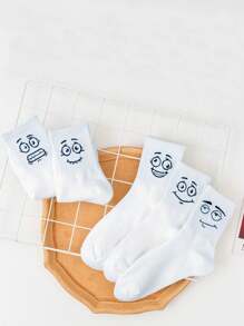 5 paires de chaussettes mi-mollet mignonnes, à motifs d'expressions de dessins animés, simples, décontractées, confortables et respirantes pour les couples, pour l'automne et l'hiver - Blanc - Voir 4