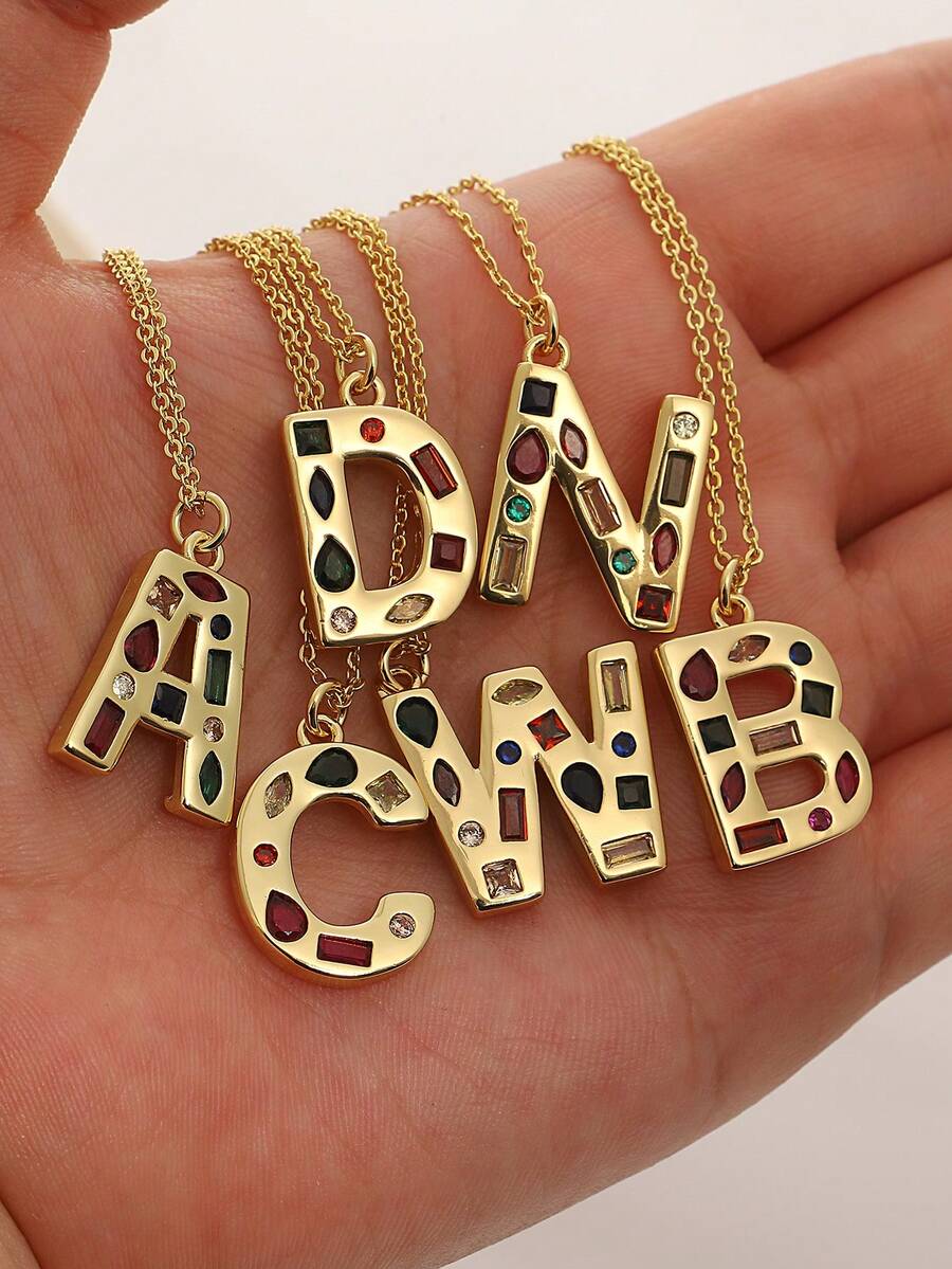 1 Pc Crystal Decor Gold Initial Necklace For Women Pendant Necklaces Daily Party Christmas Jewelry Gifts - Multicolor - View 1