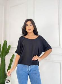 Women's Loose Blouse 3/4 Sleeve V-Neck Basic Casual Top - màu đen - Xem 3