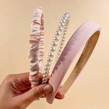 3入組優雅的女孩簡單的純色海綿頭飾髮帶，配有人造珍珠，適用於日常使用 - 彩色 - 查看 2