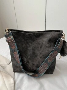 幾何肩帶hobo手袋,大容量斜背袋,女性復古斜跨袋 - 黑色 - 查看 1