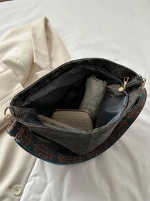 幾何肩帶hobo手袋,大容量斜背袋,女性復古斜跨袋 - 黑色 - 查看 7
