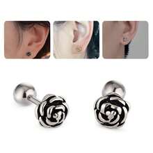 2 件復古玫瑰花耳環和女式手術鋼花耳環,金色和黑色,情人節禮物 - 銀色 - 查看 10