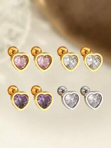 1對時尚簡約不鏽鋼心形立方氧化鋯裝飾耳釘,適用於女孩甜美派對珠寶,兒童生日禮物 - 金黃色 - 查看 1