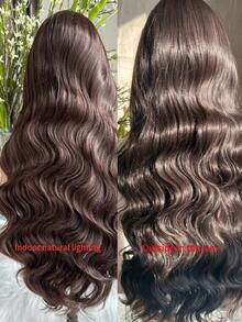 28英寸長波浪合成髮假髮,帶13*6蕾絲前髮,可覆蓋整個頭部 - 棕色 - 查看 7