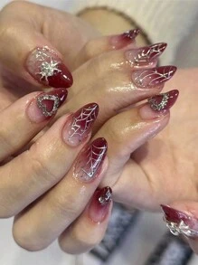 24 chiếc móng tay hình quả hạnh ngắn thời trang Màu đỏ gradient hình trái tim đính đá trang trí mạng nhện Ấn vào móng tay Móng tay acrylic Móng tay giả Bộ dụng cụ làm móng tay Có thể tháo rời Full Cover Lâu dài Bao gồm 1 tấm dính & 1 dũa nhỏ - Nhiều màu - Xem 1