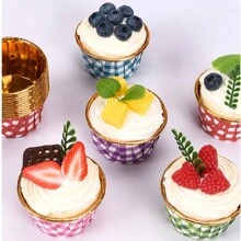 Miliocry 25入組帶蓋杯形蛋糕紙套,耐高溫防油紙托盤,金色和銀色鋁箔與蕾絲及摺疊邊緣杯形紙杯 - 紅色 - 查看 5