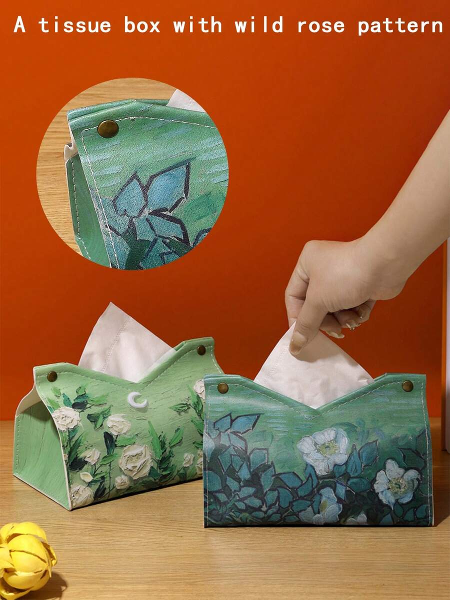 一朵野玫瑰油画纸巾盒轻奢风格客厅家用桌面纸巾盒高端车载纸巾盒皮革材质轻时尚节日礼物上学旅行日常通勤登山健身沙滩户外 - 綠色 - 查看 1