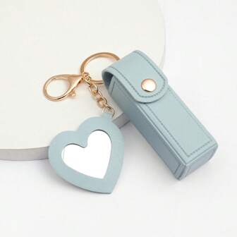 1pc Solid Color PU Leather Lipstick Holder Bag With Heart Shaped Mirror Women's Makeup Keychains. Heart Shaped Mirror Decorated Lipstick Holder Bag, Multicolor Women's Makeup Bag, Heart & Bag Charm Fashion Keychain Pendant, Purse, Wallet, Bag Accessories. For Parties, Weddings And Dances. Girls Gifting, For Cocktail Best Gift For Women For Trip Makeup Bags Makeup Organizer Makeup Storage Makeup Pouch Make Up Pouch Valentines