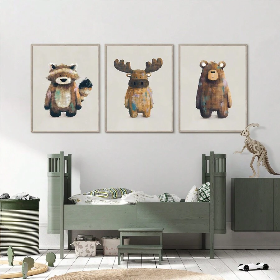 3pcs/Set Cartoon Raccoon, Deer, Brown Bear Forest Animal Nursery Wall Art Decor, Without Frame - Multicolor - View 1