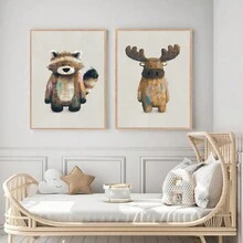 3pcs/Set Cartoon Raccoon, Deer, Brown Bear Forest Animal Nursery Wall Art Decor, Without Frame - Multicolor - View 4