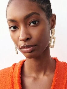 1pair Retro European And American Style Exaggerated Alloy Textured Geometric Rectangle Stud Earrings For Women, Suitable For Daily Use. - Rose Gold - View 2