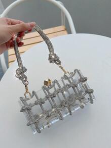 Moonlit EveBag Women'S Fashionable Shiny Rhinestone & Rope Decor Translucent Acrylic Square Clutch, Perfect For Dinner Party, Prom, Valentine'S Day Gift, Etc.