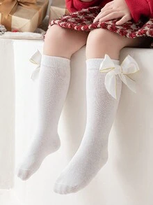 Girls' Solid Color Comfortable & Stylish Knee High Socks With Lovely Bowknot Detail - White - View 1