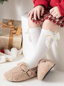 Girls' Solid Color Comfortable & Stylish Knee High Socks With Lovely Bowknot Detail - White - View 2
