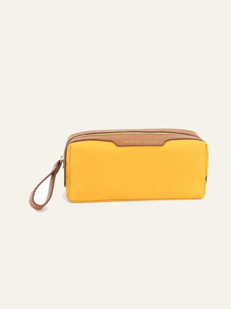 1pc Women'S Yellow Waterproof Polyester Square Zippered Cosmetic Bag, Toiletry Bag, Fashionable Storage Bag For Students, Travelers And Daily Use - Ginger - View 1