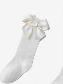 Girls' Solid Color Comfortable & Stylish Knee High Socks With Lovely Bowknot Detail - White - View 5