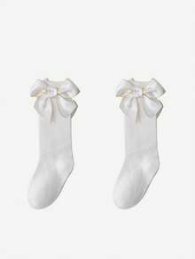 Girls' Solid Color Comfortable & Stylish Knee High Socks With Lovely Bowknot Detail - White - View 4