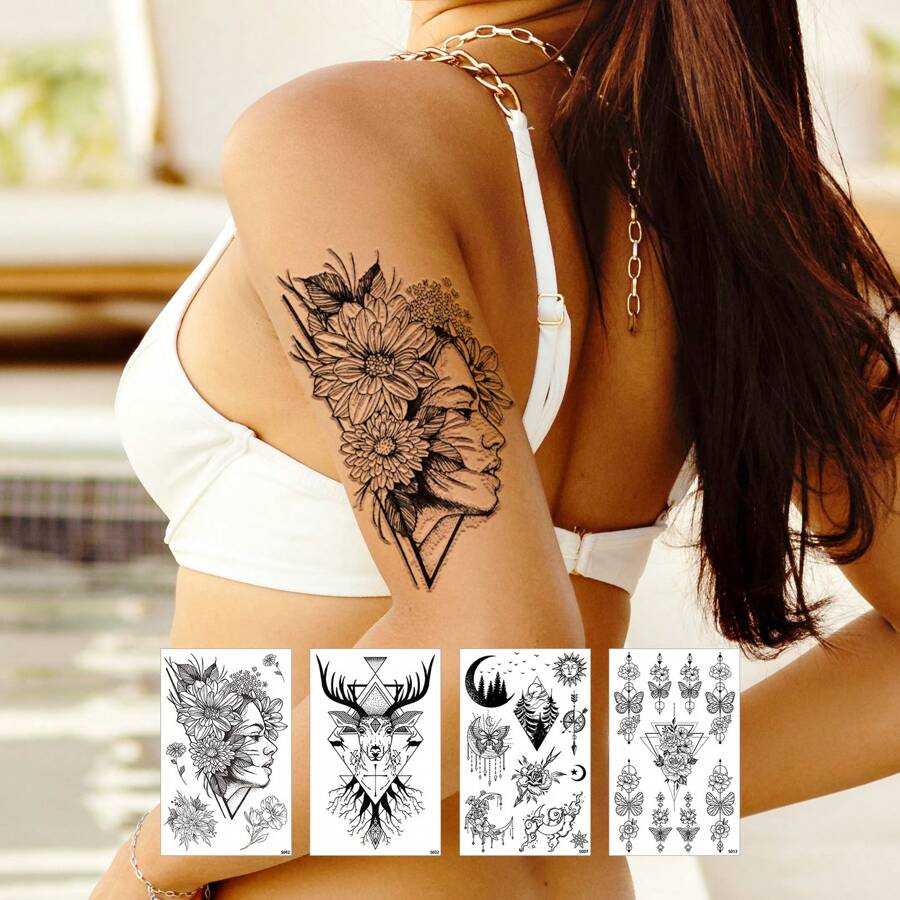 4 Half Arm Temporary Tattoos Sleeve Tattoos Waterproof Realistic Long