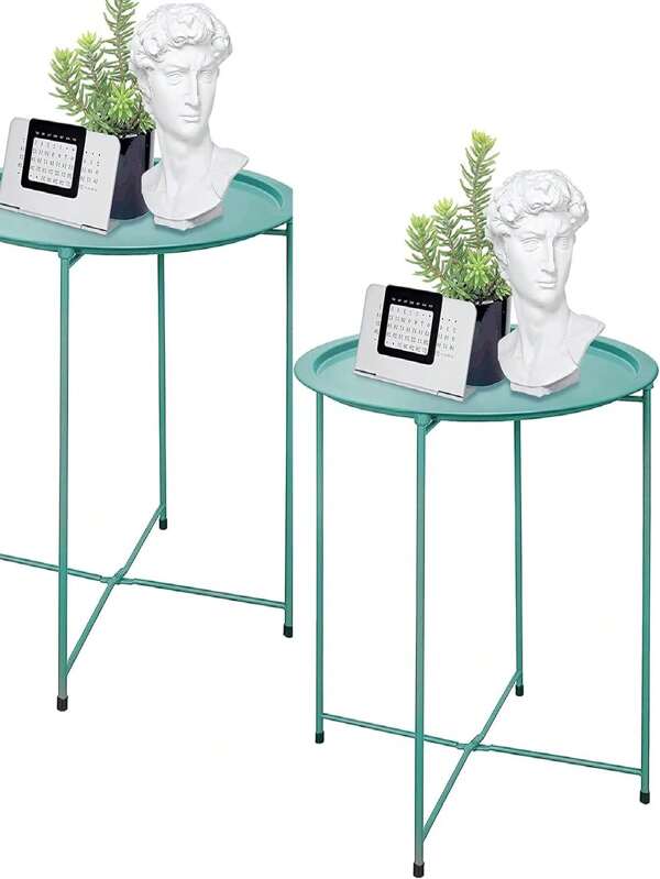 Folding Tray Metal Side Table 2PC Black Round End Table Cyan Sofa Small Accent Fold-Able Table, Round End Table Tray, Next To Sofa Table, Snack Table For Living Room And Bed Room