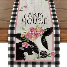 1pc Black And White Plaid Cow Pattern Table Runner, Modern Simple Linen-Like Rectangular Indoor/Outdoor Table Runner, Suitable For Home Dining Room Living Room Table Cabinet Decoration - Black and White - View 1